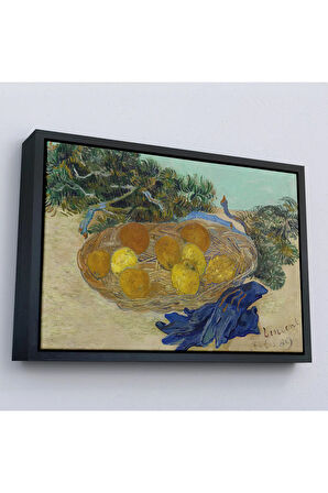 Ahşap Çerçeveli Vincent Van Gogh - Mavi Eldivenli Portakal Ve Limonların Natürmortu Tablosu-7188