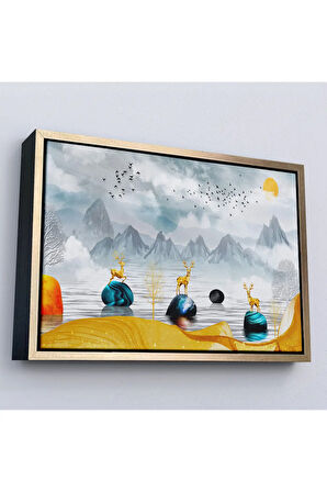 Ahşap Çerçeveli 3D Modern Tasarım Altın Geyikler Tablosu-7196