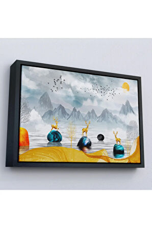 Ahşap Çerçeveli 3D Modern Tasarım Altın Geyikler Tablosu-7196