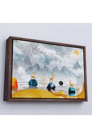 Ahşap Çerçeveli 3D Modern Tasarım Altın Geyikler Tablosu-7196