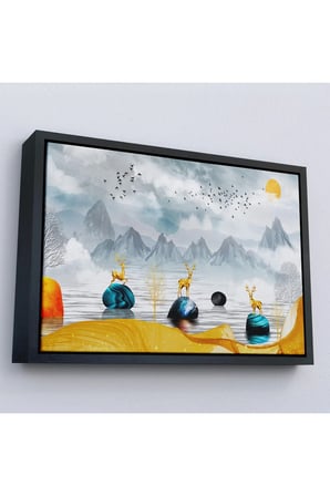 Ahşap Çerçeveli 3D Modern Tasarım Altın Geyikler Tablosu-7196