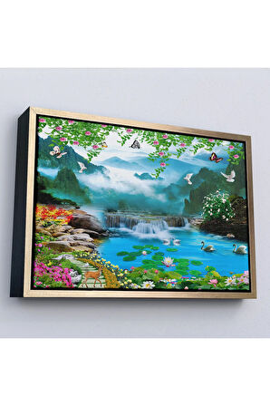 Ahşap Çerçeveli Renkli Çiçekler Ve Şelale Manzara Tablo-7197
