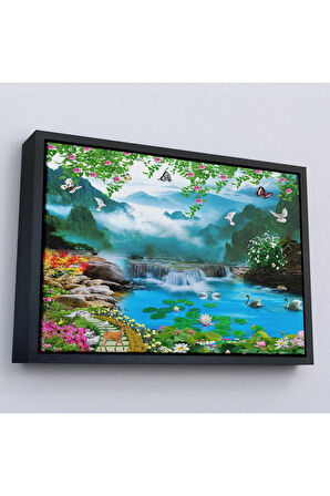 Ahşap Çerçeveli Renkli Çiçekler Ve Şelale Manzara Tablo-7197