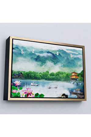 Ahşap Çerçeveli Göldeki Pelikanlar Manzara Tablosu-7198