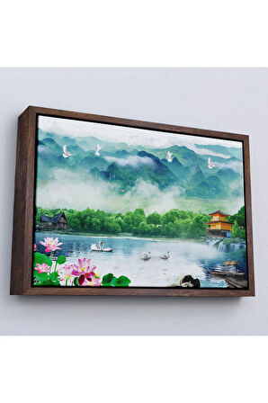 Ahşap Çerçeveli Göldeki Pelikanlar Manzara Tablosu-7198