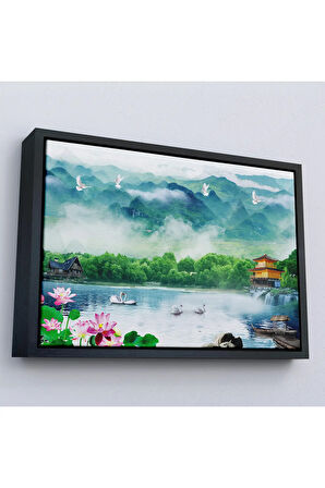 Ahşap Çerçeveli Göldeki Pelikanlar Manzara Tablosu-7198