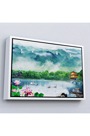Ahşap Çerçeveli Göldeki Pelikanlar Manzara Tablosu-7198