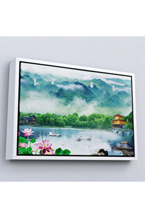 Ahşap Çerçeveli Göldeki Pelikanlar Manzara Tablosu-7198