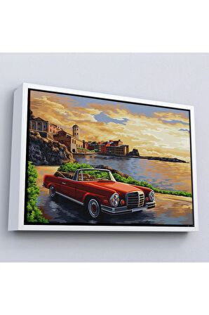 Ahşap Çerçeveli Sahildeki Kırmızı Klasik Otomobil Tablosu-7201