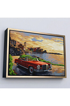 Ahşap Çerçeveli Sahildeki Kırmızı Klasik Otomobil Tablosu-7201