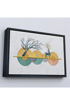 Ahşap Çerçeveli Modern Geometrik Dairelerden Ve Geyikler Tablosu-7224