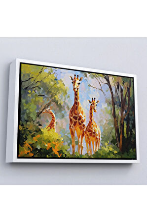 Ahşap Çerçeveli Ormandaki Ağaçların Altında Dinlenen Zürafa Aile Tablosu-7228