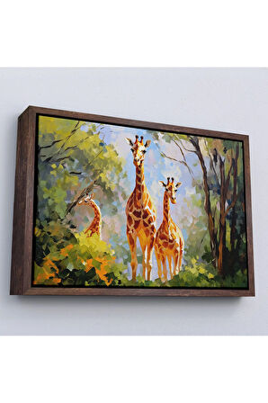 Ahşap Çerçeveli Ormandaki Ağaçların Altında Dinlenen Zürafa Aile Tablosu-7228