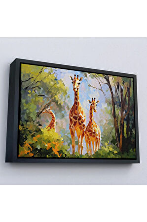 Ahşap Çerçeveli Ormandaki Ağaçların Altında Dinlenen Zürafa Aile Tablosu-7228