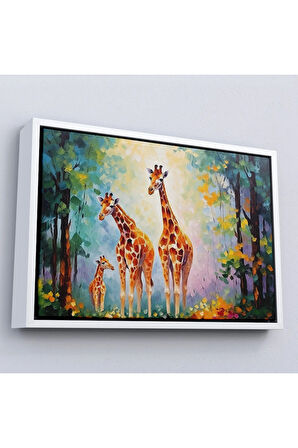 Ahşap Çerçeveli Ormandaki Ağaçların Altında Dinlenen Zürafa Aile Tablosu-7229