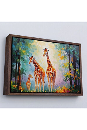 Ahşap Çerçeveli Ormandaki Ağaçların Altında Dinlenen Zürafa Aile Tablosu-7229