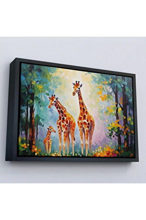 Ahşap Çerçeveli Ormandaki Ağaçların Altında Dinlenen Zürafa Aile Tablosu-7229