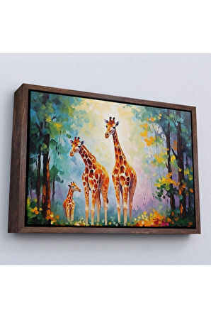 Ahşap Çerçeveli Ormandaki Ağaçların Altında Dinlenen Zürafa Aile Tablosu-7229