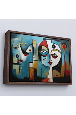 Ahşap Çerçeveli Renkli Soyut Yüzler Tablosu-7233