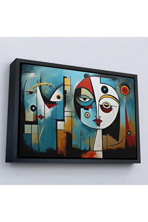 Ahşap Çerçeveli Renkli Soyut Yüzler Tablosu-7233