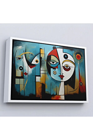 Ahşap Çerçeveli Renkli Soyut Yüzler Tablosu-7233