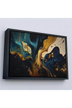 Ahşap Çerçeveli Altın Ve Mavi Boya Akıntı Tablosu-7234