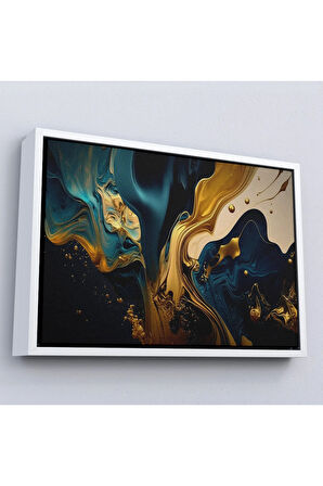 Ahşap Çerçeveli Altın Ve Mavi Boya Akıntı Tablosu-7234
