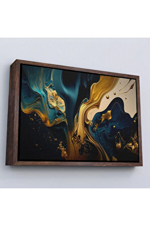 Ahşap Çerçeveli Altın Ve Mavi Boya Akıntı Tablosu-7234