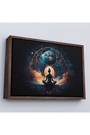 Ahşap Çerçeveli Meditasyon Yapan Kadın Lotus'Ta Evrenle Bağlantı Tablosu-7251