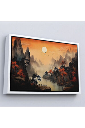 Ahşap Çerçeveli Çin Dağ Manzarası Tablosu-7259