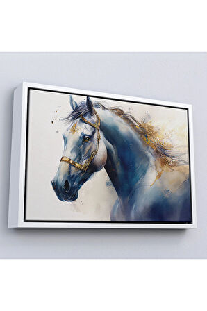 Ahşap Çerçeveli Altın Detaylı Beyaz At Tablosu-7278