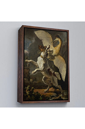 Ahşap Çerçeveli Abraham Hondius - Kuşa Saldıran Köpek Tablo - Dog Fighting A Heron-7281