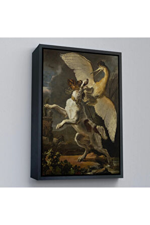 Ahşap Çerçeveli Abraham Hondius - Kuşa Saldıran Köpek Tablo - Dog Fighting A Heron-7281