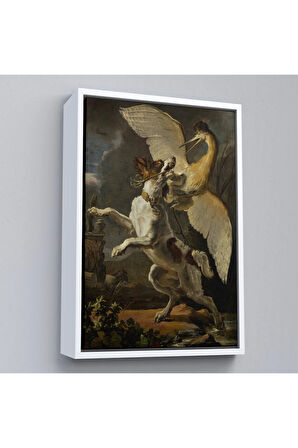 Ahşap Çerçeveli Abraham Hondius - Kuşa Saldıran Köpek Tablo - Dog Fighting A Heron-7281