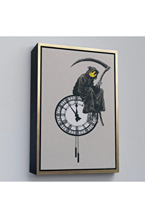 Ahşap Çerçeveli Banksy - Gülen Azrail Tablosu - Grin Reaper-7313