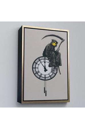 Ahşap Çerçeveli Banksy - Gülen Azrail Tablosu - Grin Reaper-7313
