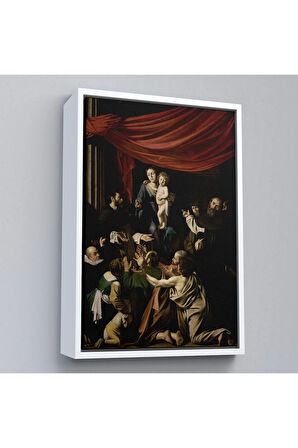 Ahşap Çerçeveli Caravaggio - Tesbih Madonnası Tablo - Madonna Of The Rosary-7360
