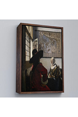 Ahşap Çerçeveli Johannes Vermeer - Memur Ve Gülen Kız Tablo - Officer And Laughing Girl-7366