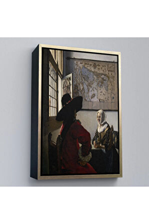 Ahşap Çerçeveli Johannes Vermeer - Memur Ve Gülen Kız Tablo - Officer And Laughing Girl-7366