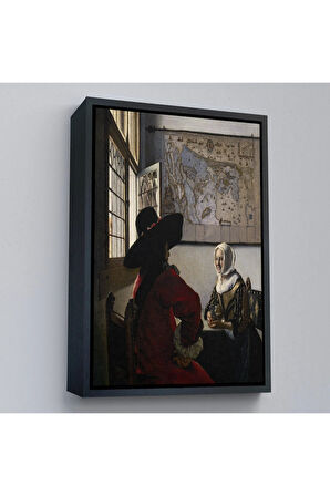 Ahşap Çerçeveli Johannes Vermeer - Memur Ve Gülen Kız Tablo - Officer And Laughing Girl-7366