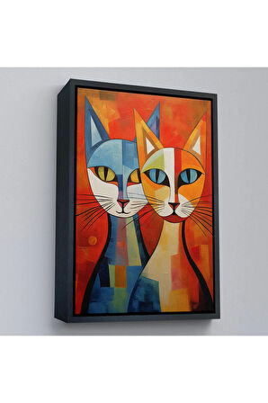 Ahşap Çerçeveli Pablo Picasso Tarzı - Soyut Renkli Kediler Tablo-7369
