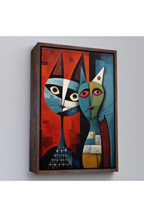 Ahşap Çerçeveli Pablo Picasso Tarzı - Soyut Renkli Kedi Tablo-7370