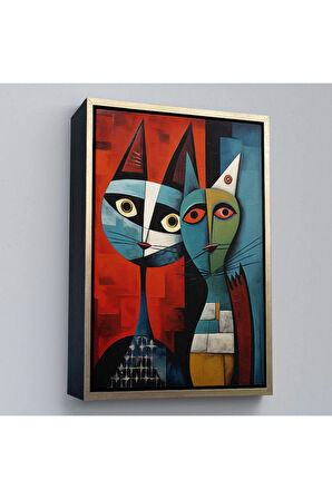 Ahşap Çerçeveli Pablo Picasso Tarzı - Soyut Renkli Kedi Tablo-7370