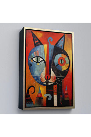 Ahşap Çerçeveli Pablo Picasso Tarzı - Soyut Renkli Kedi Tablo-7371