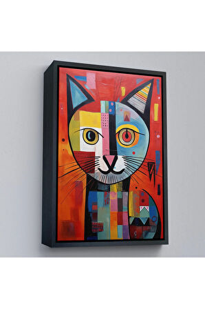 Ahşap Çerçeveli Pablo Picasso Tarzı - Soyut Renkli Kedi Tablo-7372
