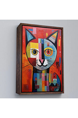 Ahşap Çerçeveli Pablo Picasso Tarzı - Soyut Renkli Kedi Tablo-7372