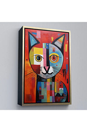 Ahşap Çerçeveli Pablo Picasso Tarzı - Soyut Renkli Kedi Tablo-7372