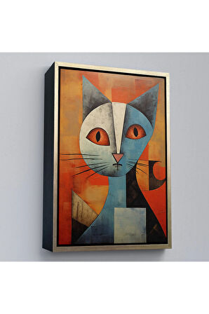 Ahşap Çerçeveli Pablo Picasso Tarzı - Soyut Renkli Kedi Tablo-7373