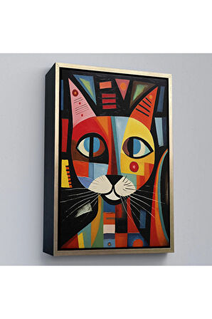 Ahşap Çerçeveli Pablo Picasso Tarzı - Soyut Renkli Kedi Tablo-7374