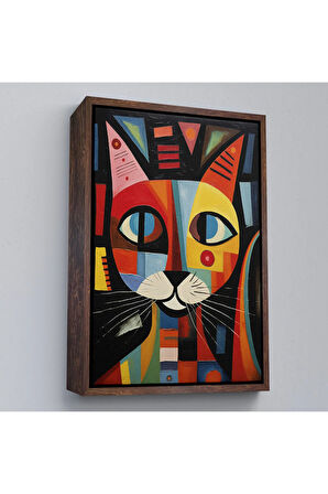 Ahşap Çerçeveli Pablo Picasso Tarzı - Soyut Renkli Kedi Tablo-7374